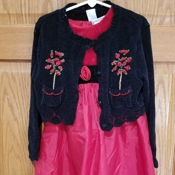 B.T. Kids Girl's 5 Two Piece Red Sleeveless Dress & Cardigan Black Red Roses - Picture 1 of 7